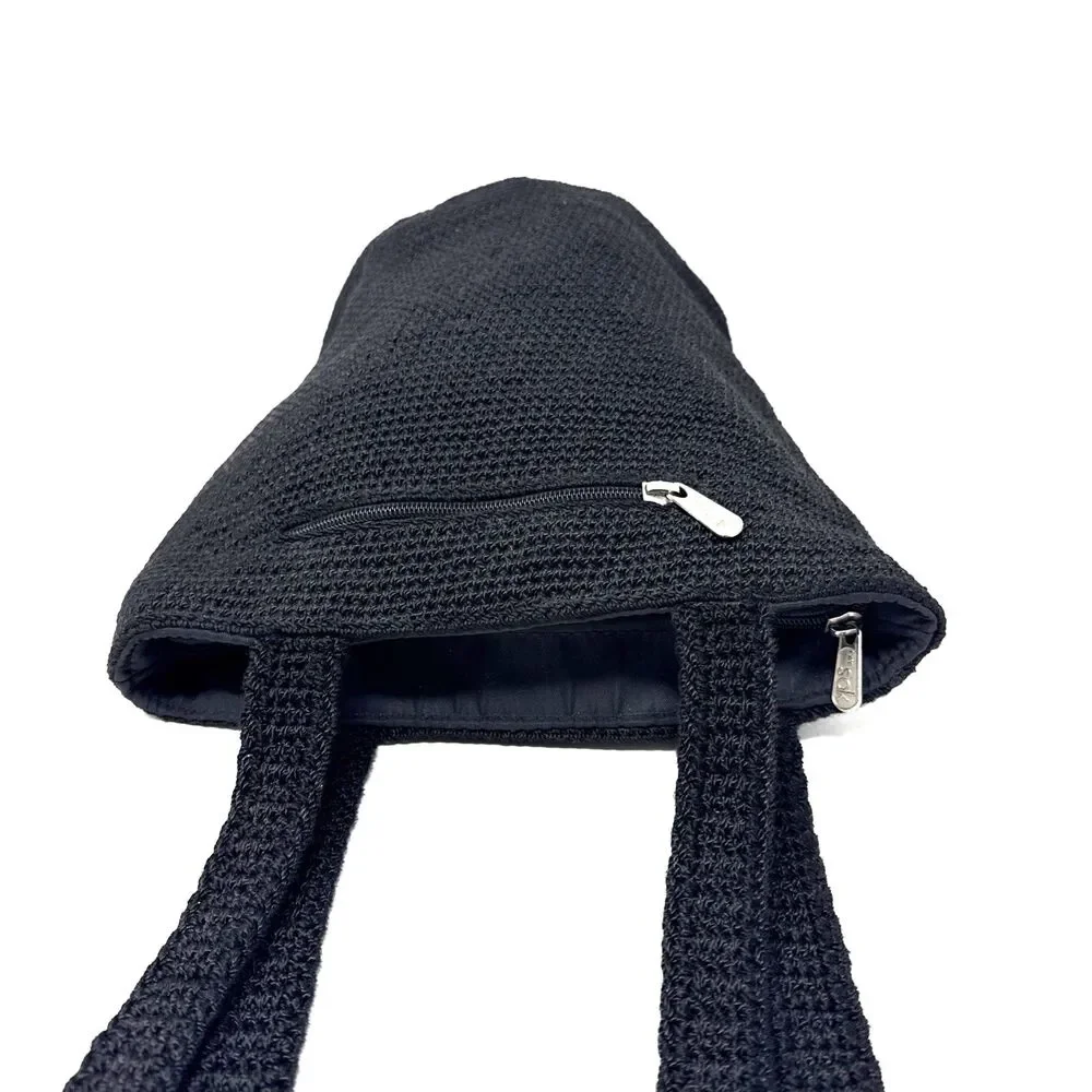 The Sak Crochet Hobo Bucket Bag Black Double Shoulder Strap Boho Euro Summer